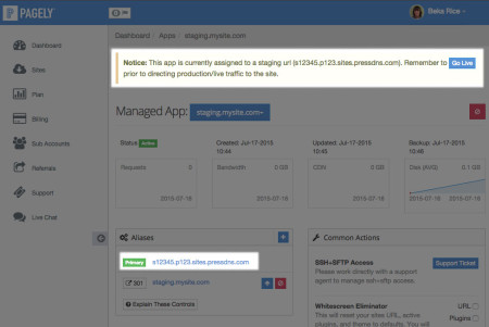 Pagely staging sites: manage app