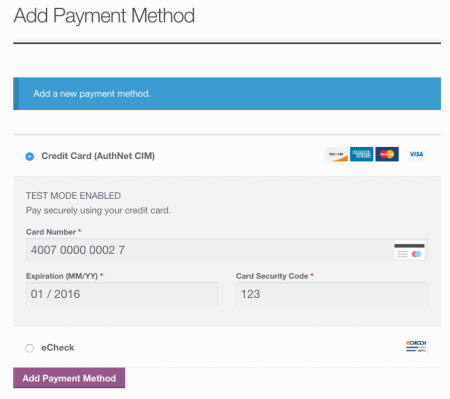 WooCommerce Authorize.net CIM add payment