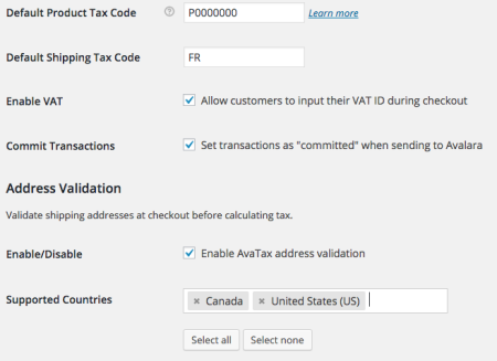 WooCommerce AvaTax settings sample