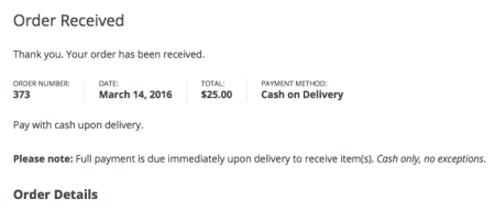 WooCommerce cash on delivery further instructions