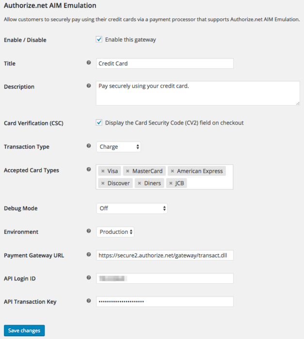 WooCommerce Authorize.net AIM Emulator settings