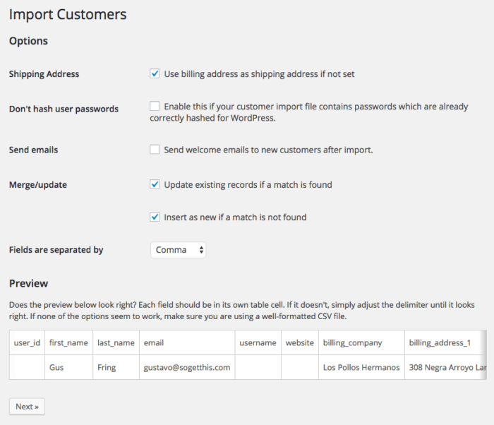 WooCommerce Customer / Coupon / Order CSV Import suite: settings and preview