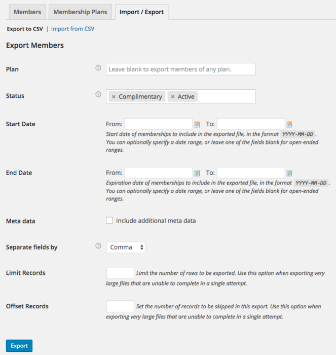 WooCommerce Memberships: export settings