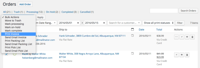 WooCommerce Print Invoices / Packing List bulk order action