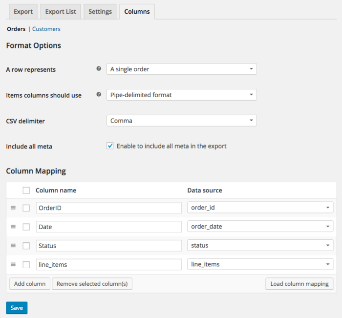 WooCommerce Customer / Order CSV Export: New custom export set up