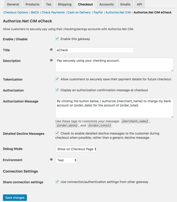 WooCommerce Authorize.Net CIM eCheck settings