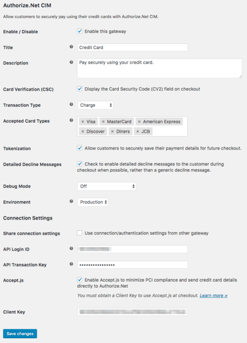 WooCommerce Authorize.Net CIM: Credit Card settings