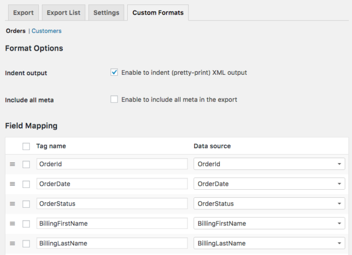 WooCommerce Customer / Order XML Export: custom format builder