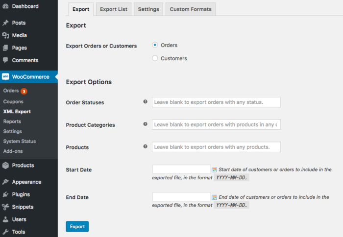 WooCommerce Customer / Order XML Export: new order filters