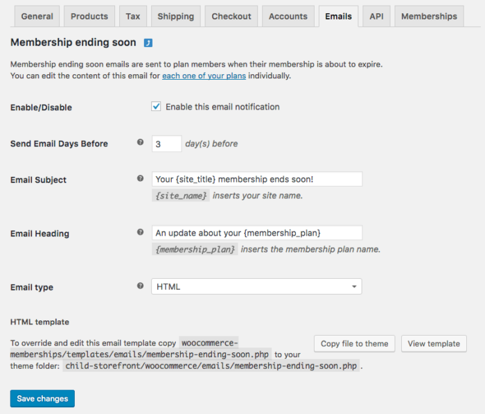 WooCommerce Memberships Email Settings