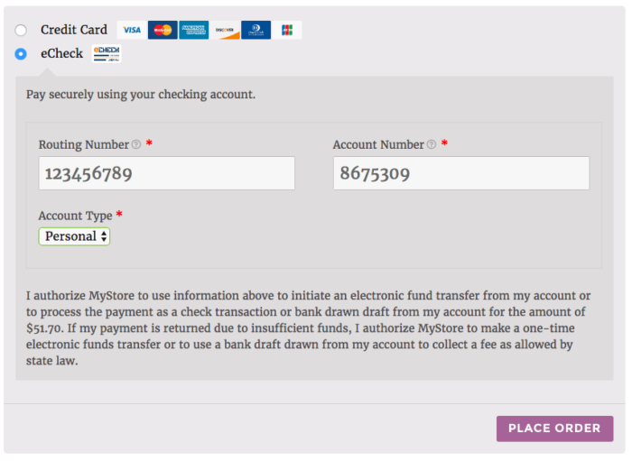WooCommerce Elavon echeck checkout