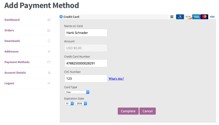 WooCommerce Chase Paymentech Add Payment Method from Account