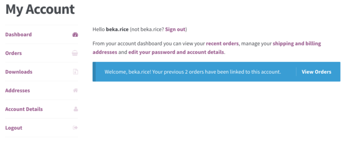 WooCommerce Previous Orders linked at Registration