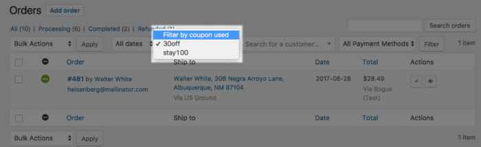 WooCommerce Filter Orders by Coupons used