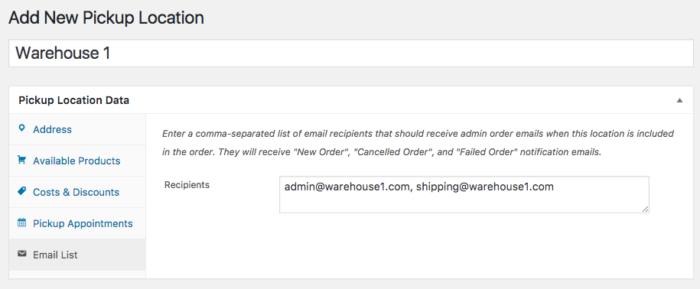 WooCommerce Local Pickup Plus location email list