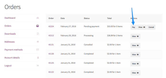 WooCommerce Account orders list