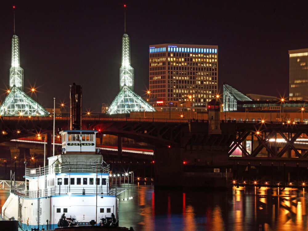 The Oregon Convention Center at night - the host venue for WordCamp US 2024