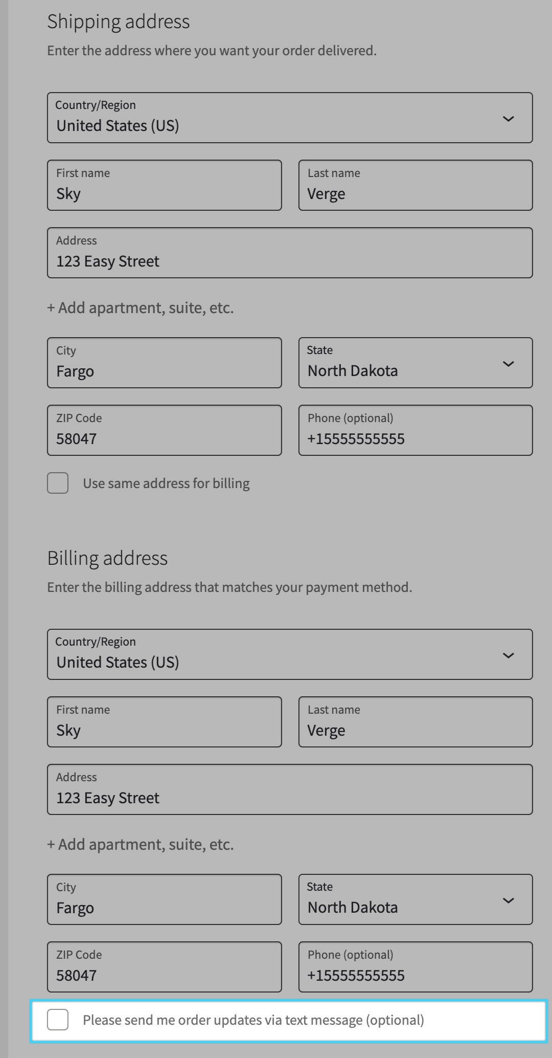 Screenshot of the WooCommerce Checkout block highlighting the placement of our checkbox directly below the billing address fields when registered as a custom child block.